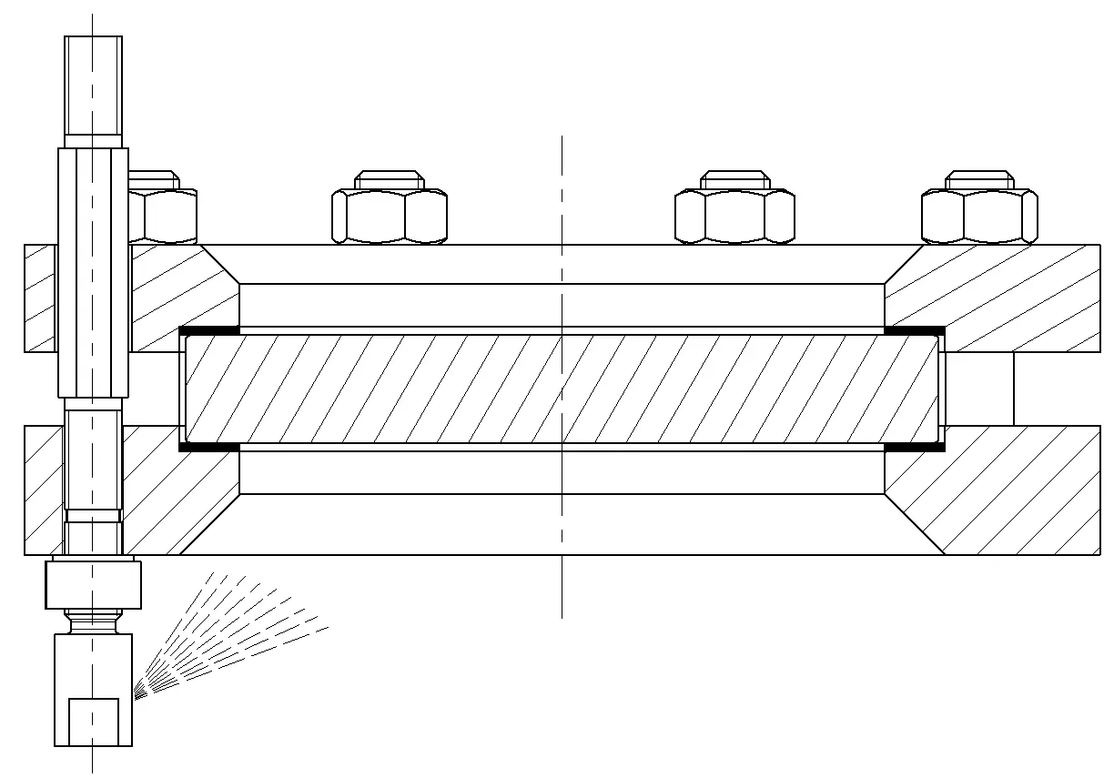 Schnittansicht Sprühvorrichtung SV1 eingebaut in ACI Behälterschauglas Typ 320