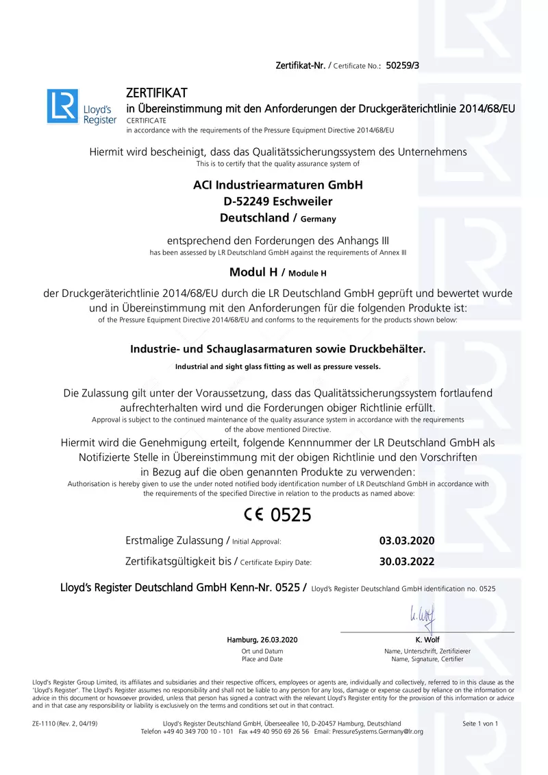 Certification according to PED 2014/68/EU Module H 
