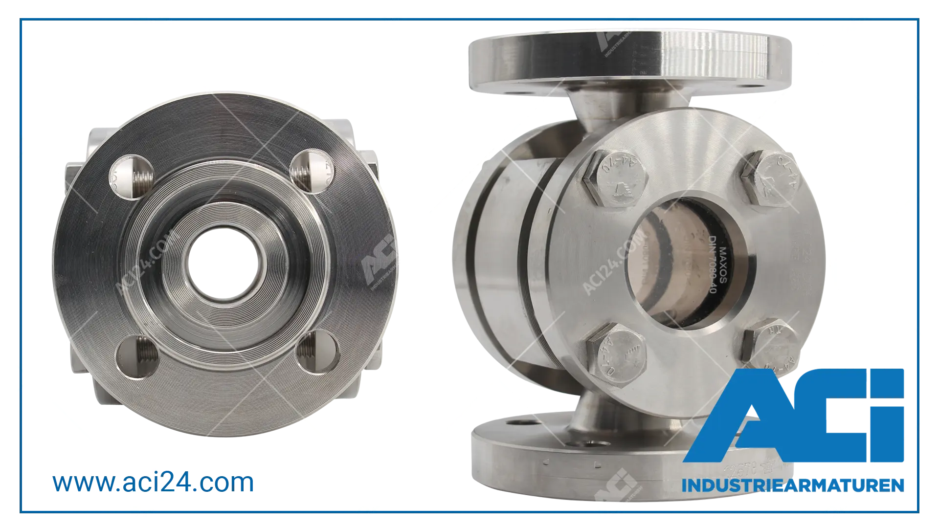 ACI Type 520 flow-through sight glass in plan view with visible sealing strip (groove) and isometric view